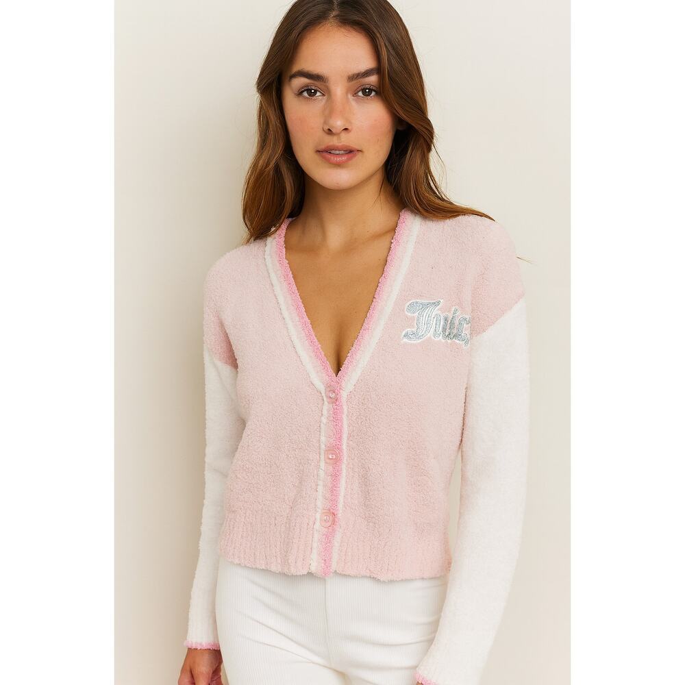 NWOT Juicy Couture Varsity Knit plush Crop Lifestyle Cardigan cozy y2k sweater S